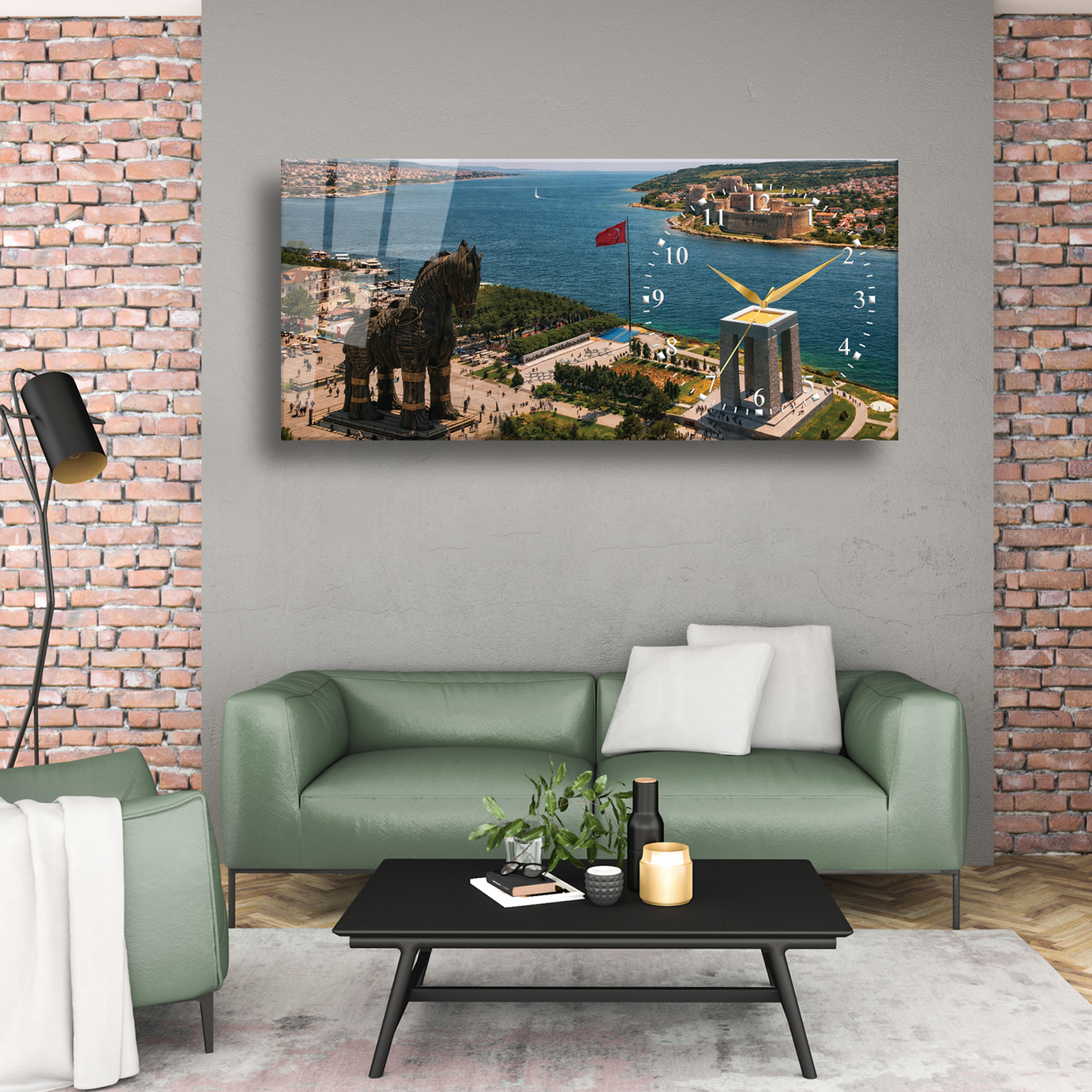 Çanakkale Truva Atı Temalı Temperli Saatli Cam Tablo