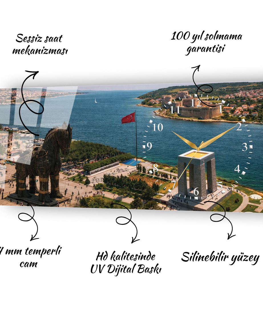 Çanakkale Truva Atı Temalı Temperli Saatli Cam Tablo