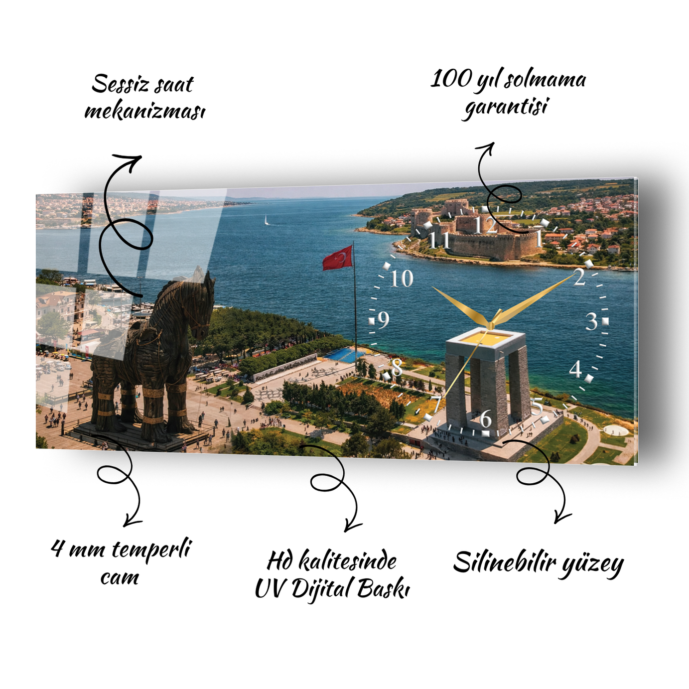 Çanakkale Truva Atı Temalı Temperli Saatli Cam Tablo