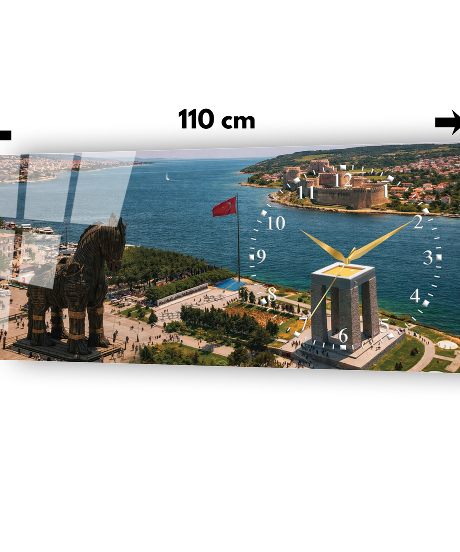 Çanakkale Truva Atı Temalı Temperli Saatli Cam Tablo