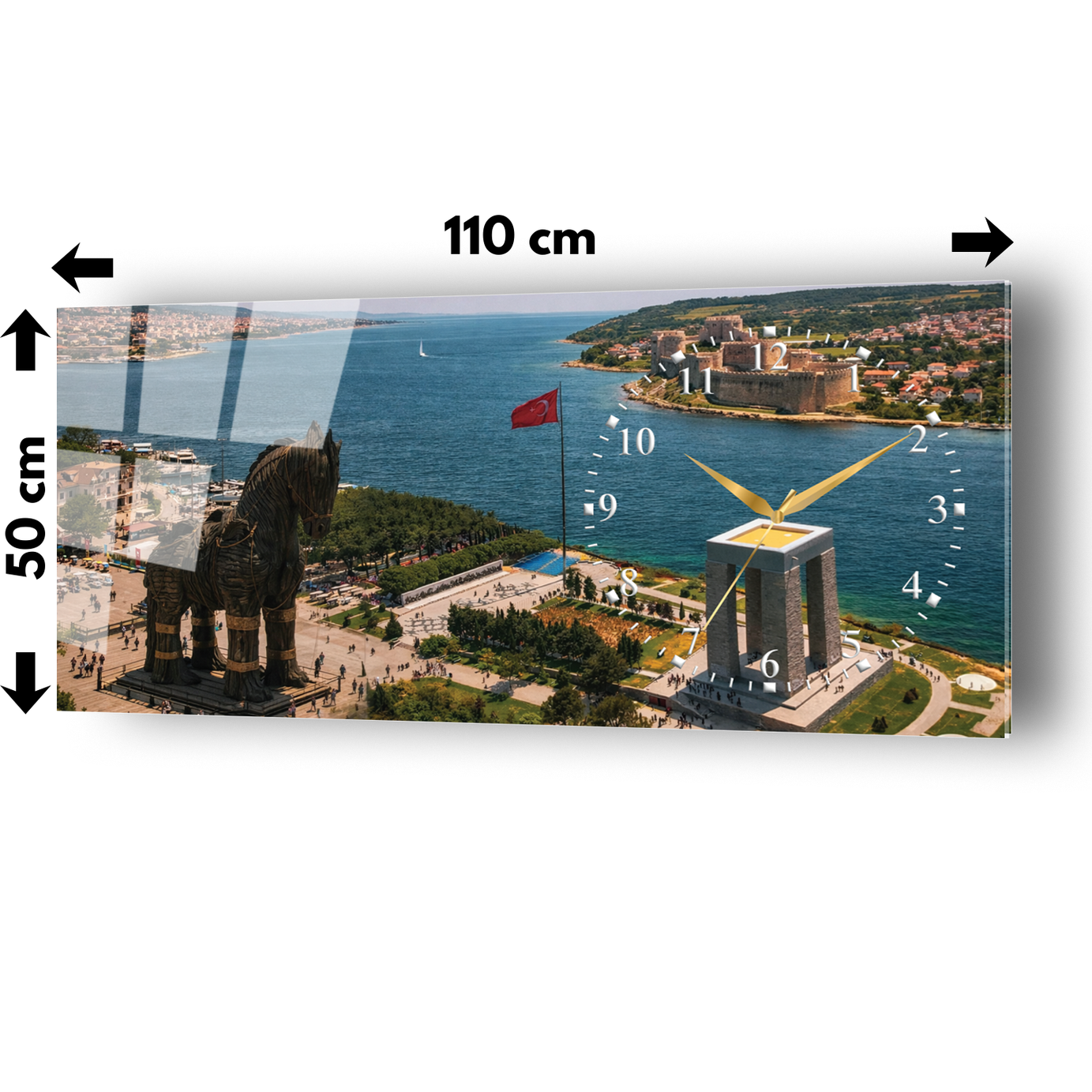 Çanakkale Truva Atı Temalı Temperli Saatli Cam Tablo
