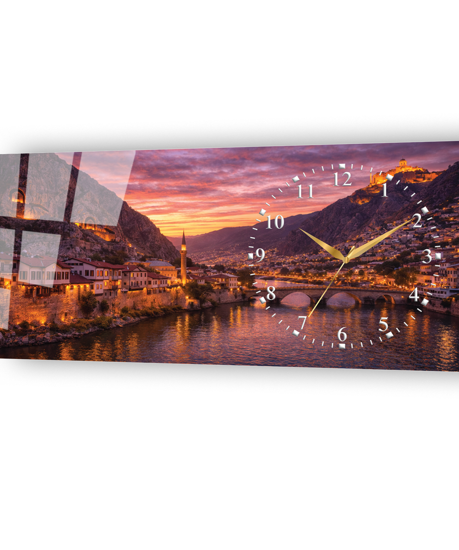 Amasya Yalıboyu Evleri Temalı Temperli Saatli Cam Tablo