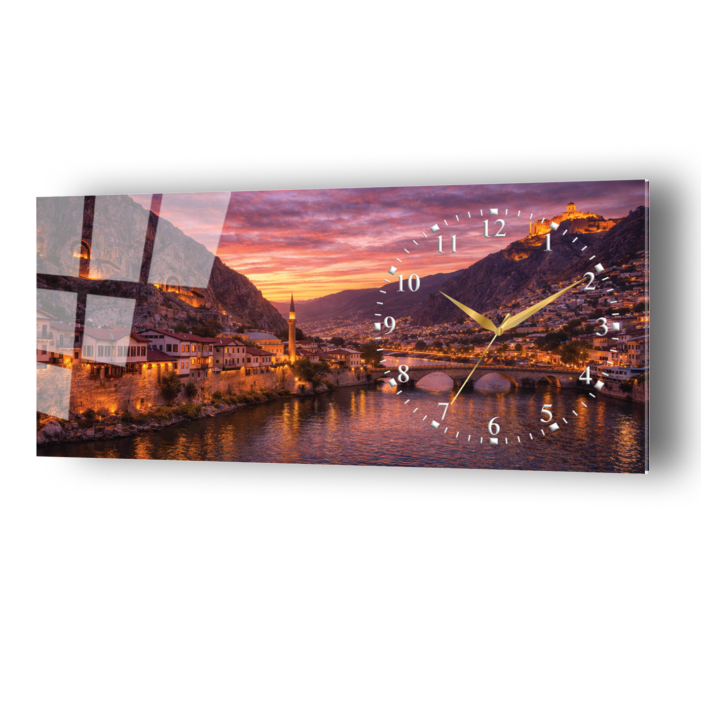 Amasya Yalıboyu Evleri Temalı Temperli Saatli Cam Tablo