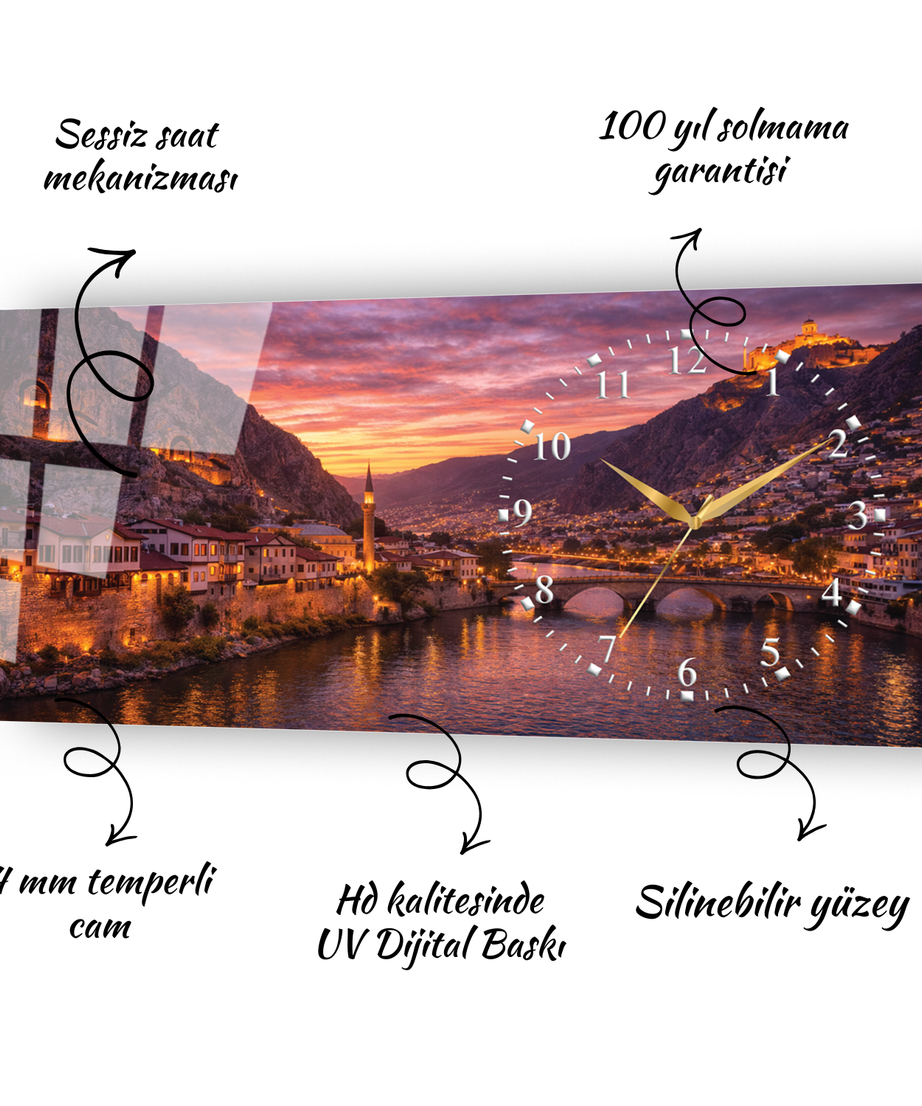 Amasya Yalıboyu Evleri Temalı Temperli Saatli Cam Tablo