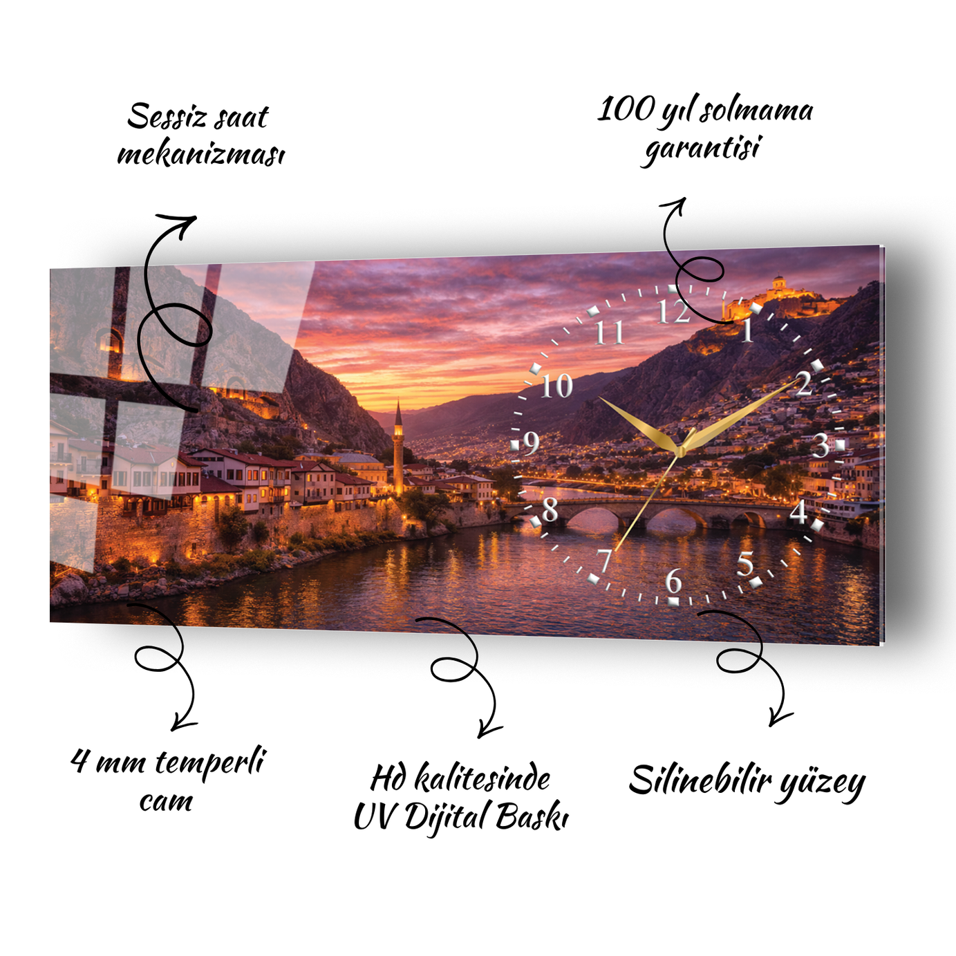 Amasya Yalıboyu Evleri Temalı Temperli Saatli Cam Tablo