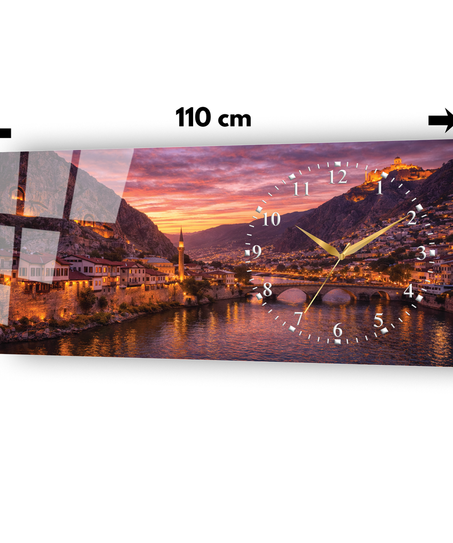 Amasya Yalıboyu Evleri Temalı Temperli Saatli Cam Tablo