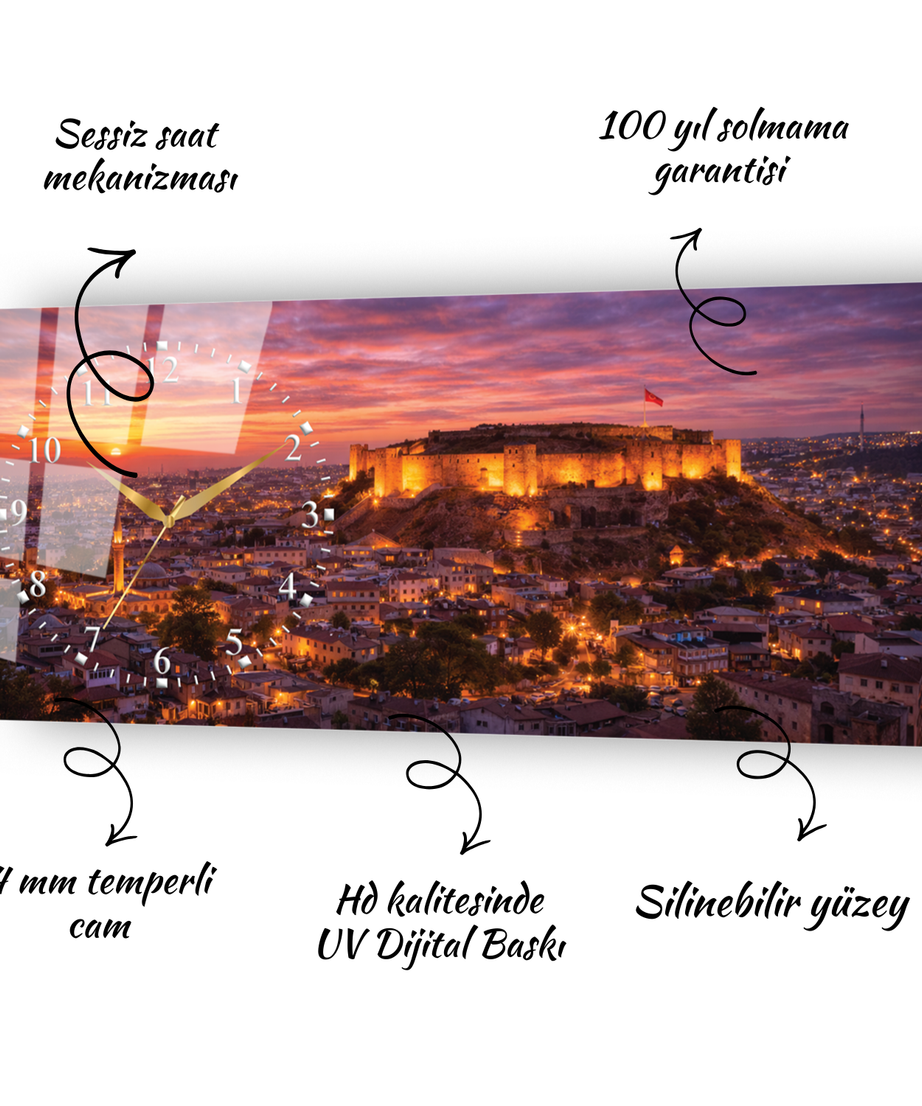 Gaziantep Kalesi Temalı Temperli Saatli Cam Tablo