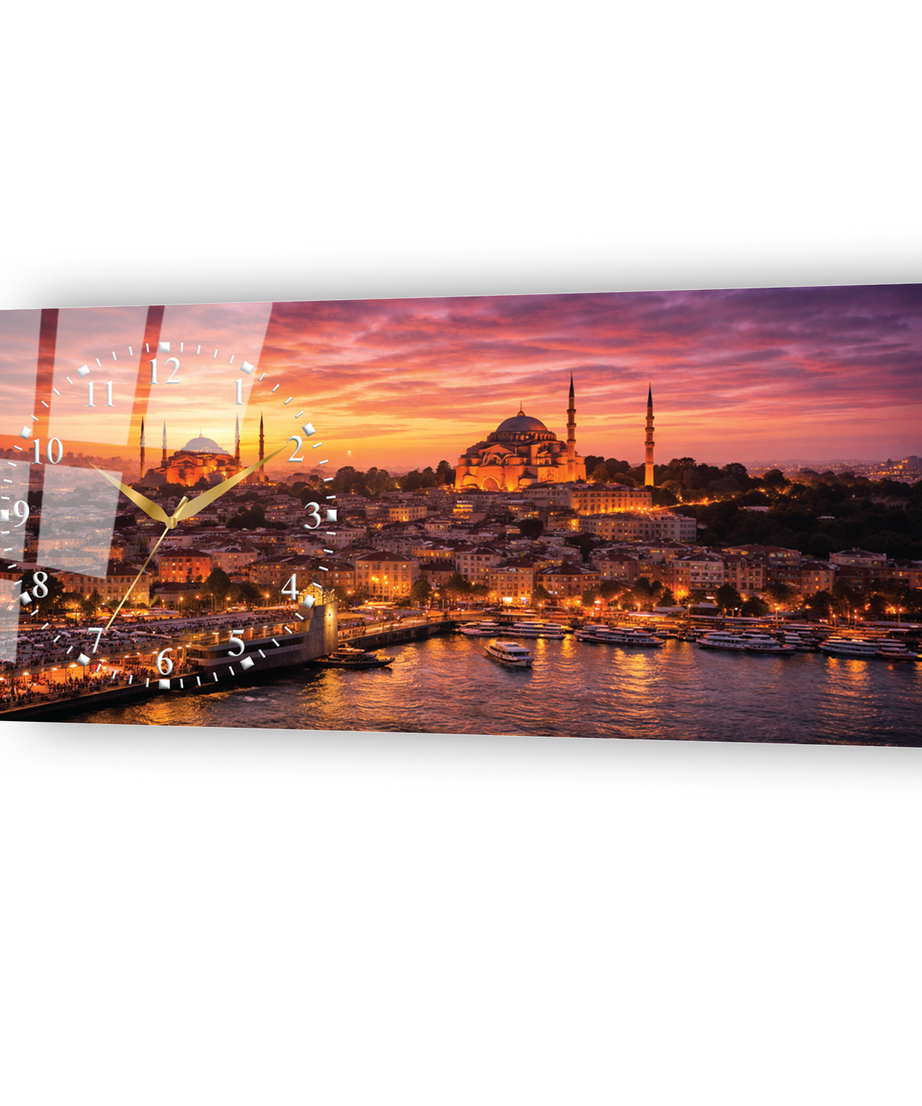 İstanbul Camii Ve Haliç Temalı Saatli Cam Tablo