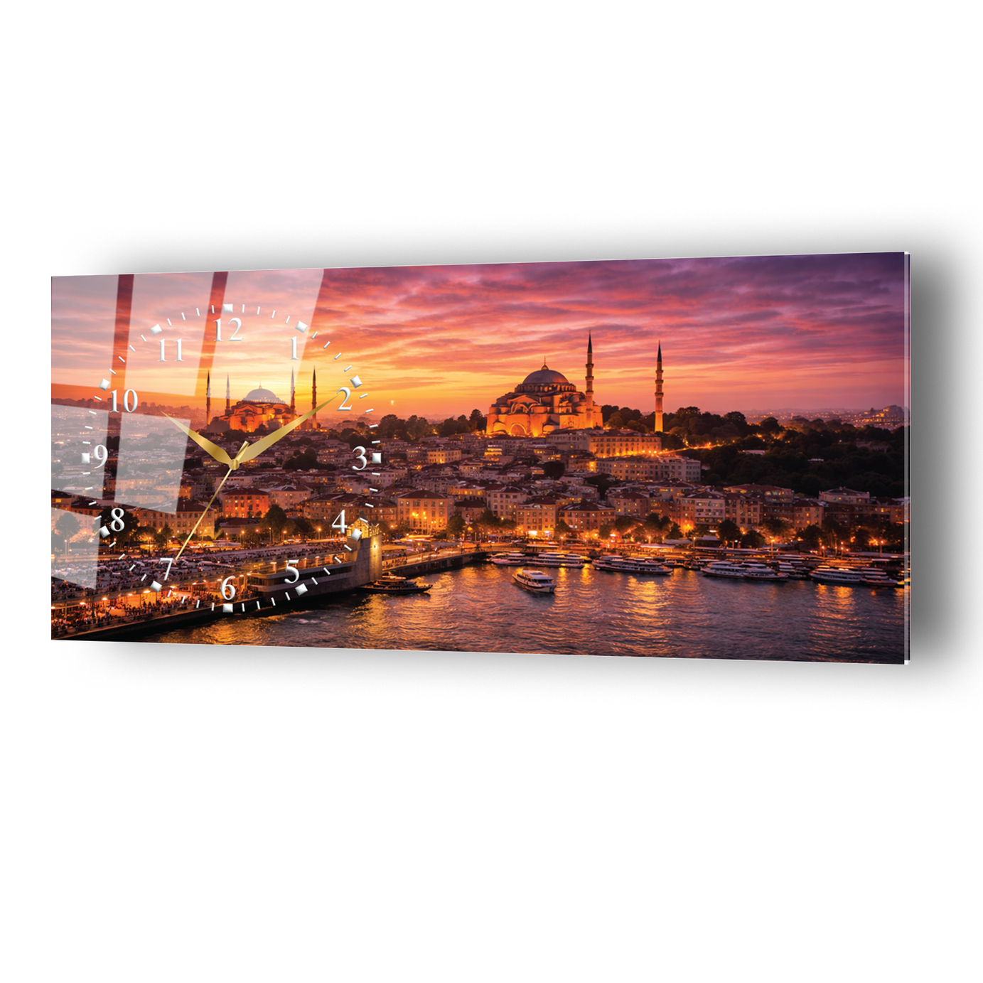İstanbul Camii Ve Haliç Temalı Saatli Cam Tablo