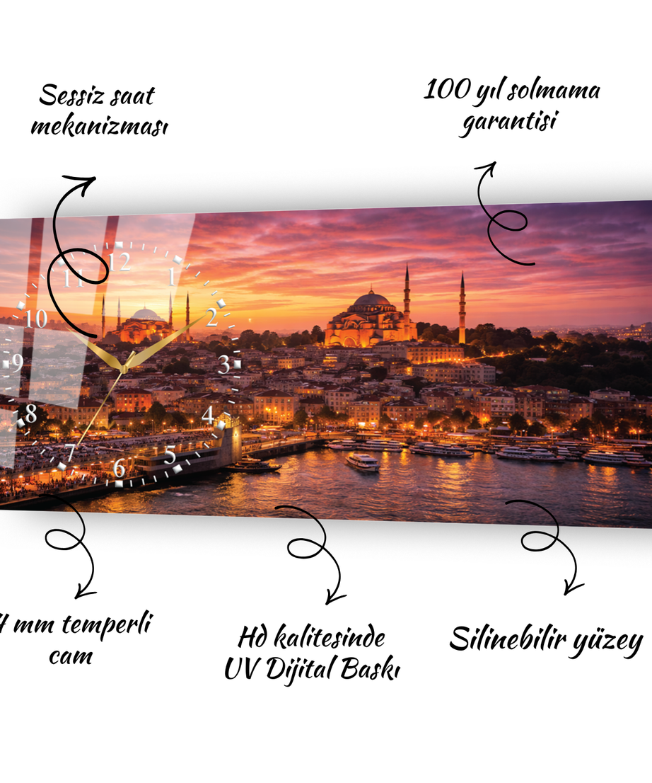 İstanbul Camii Ve Haliç Temalı Saatli Cam Tablo