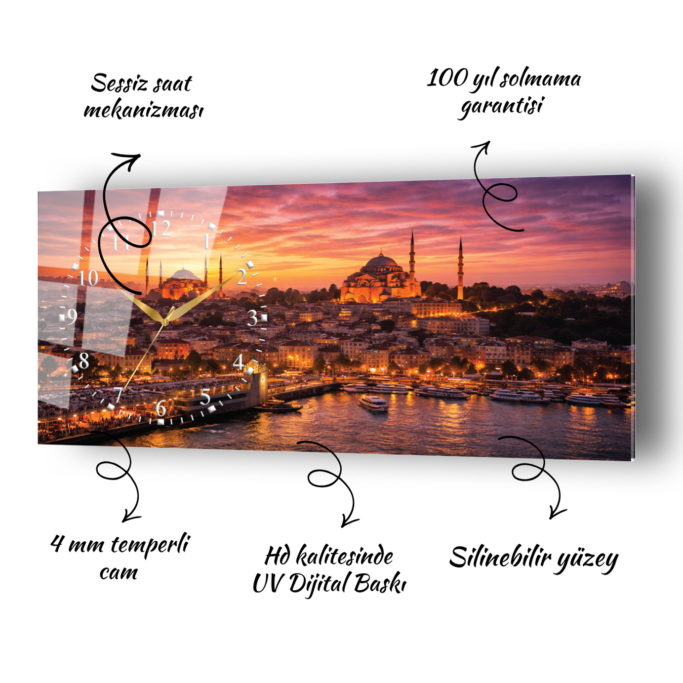 İstanbul Camii Ve Haliç Temalı Saatli Cam Tablo
