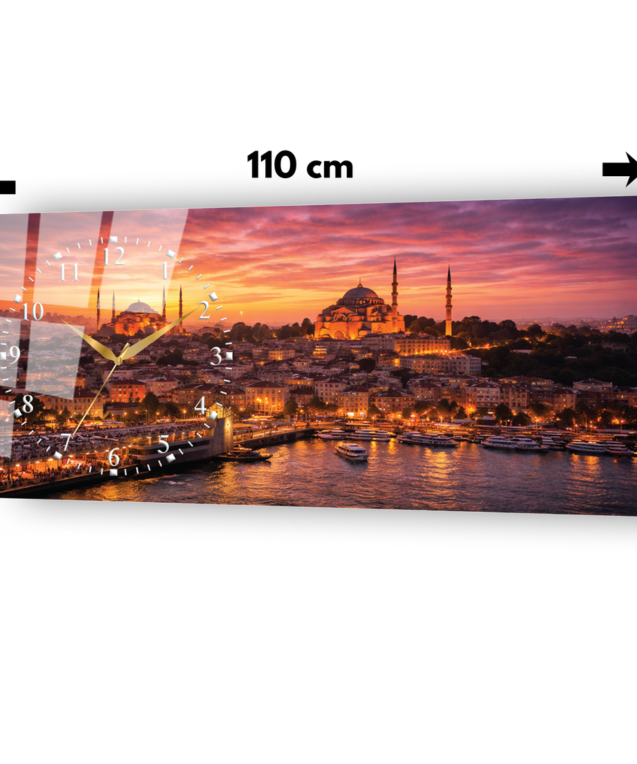 İstanbul Camii Ve Haliç Temalı Saatli Cam Tablo