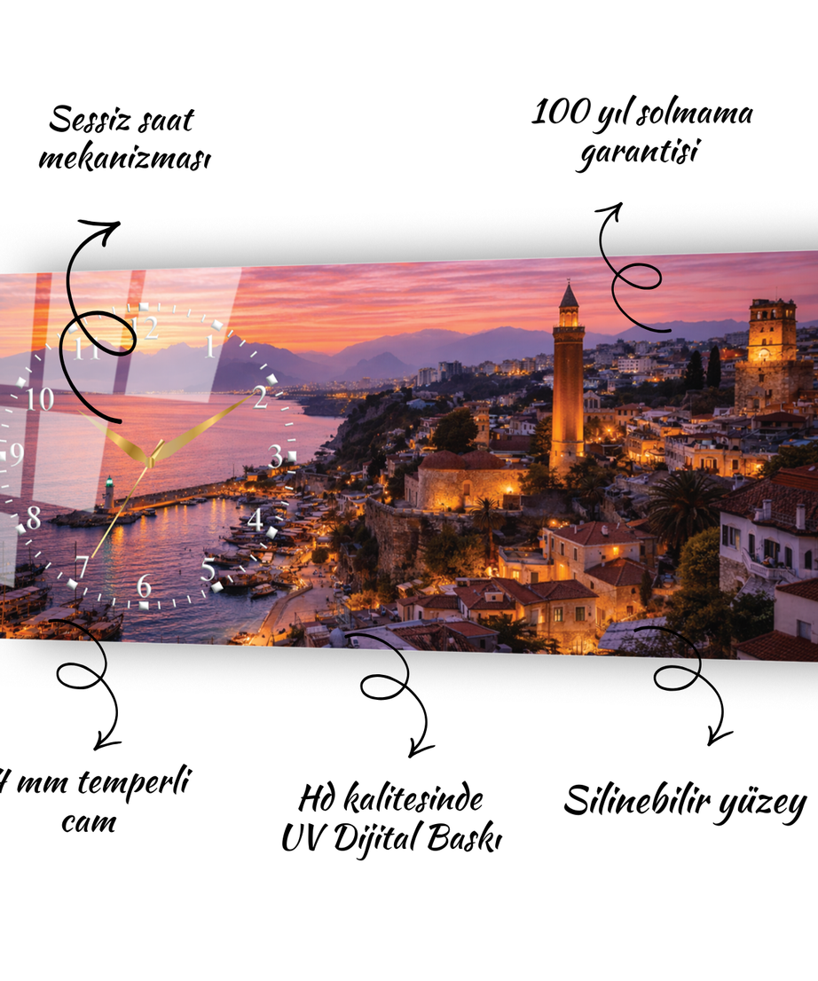 Antalya Yivli Minare ve Kaleiçi Manzarası Temalı Saatli Cam Tablo