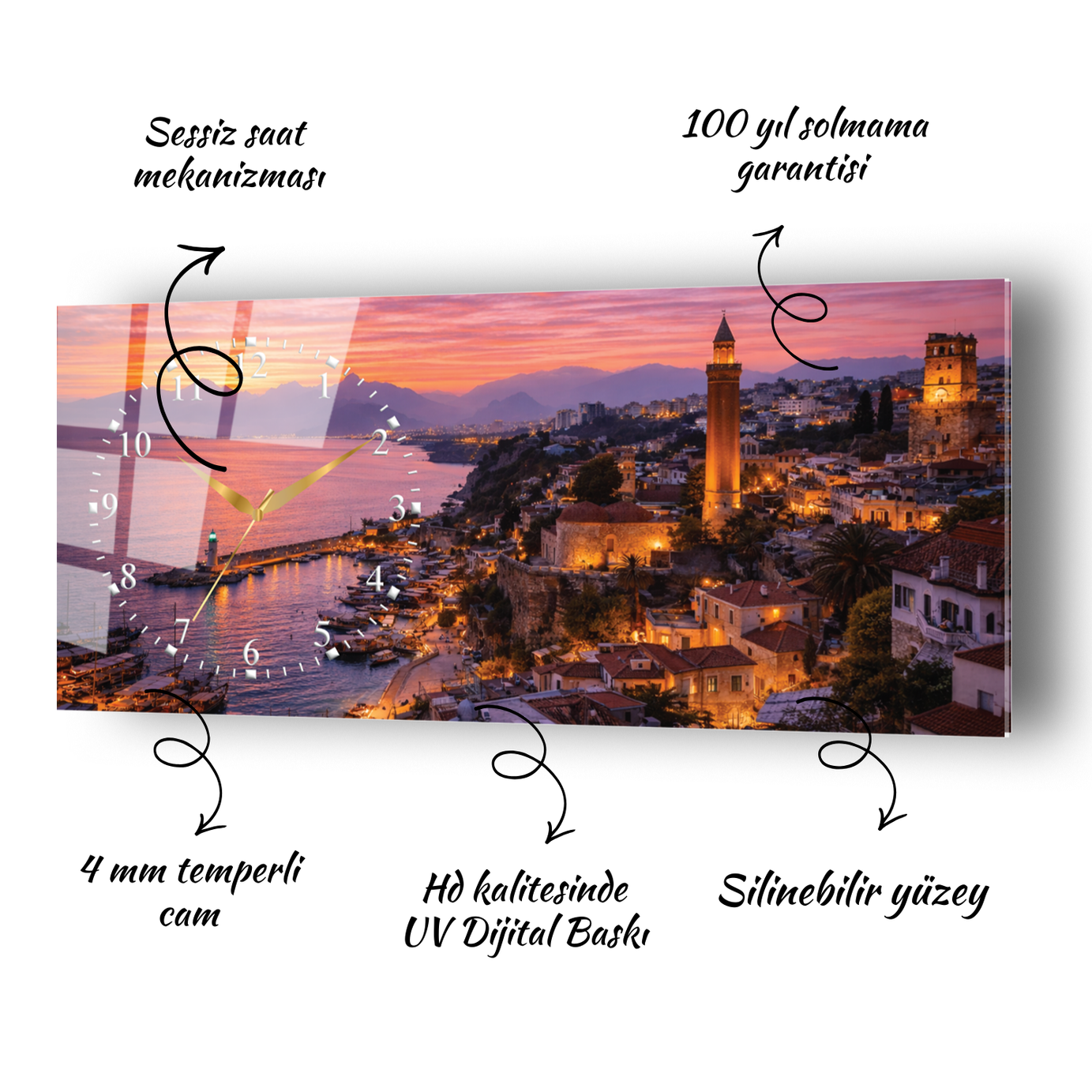 Antalya Yivli Minare ve Kaleiçi Manzarası Temalı Saatli Cam Tablo