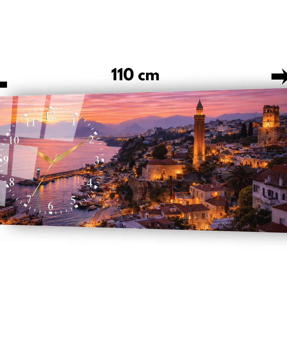 Antalya Yivli Minare ve Kaleiçi Manzarası Temalı Saatli Cam Tablo