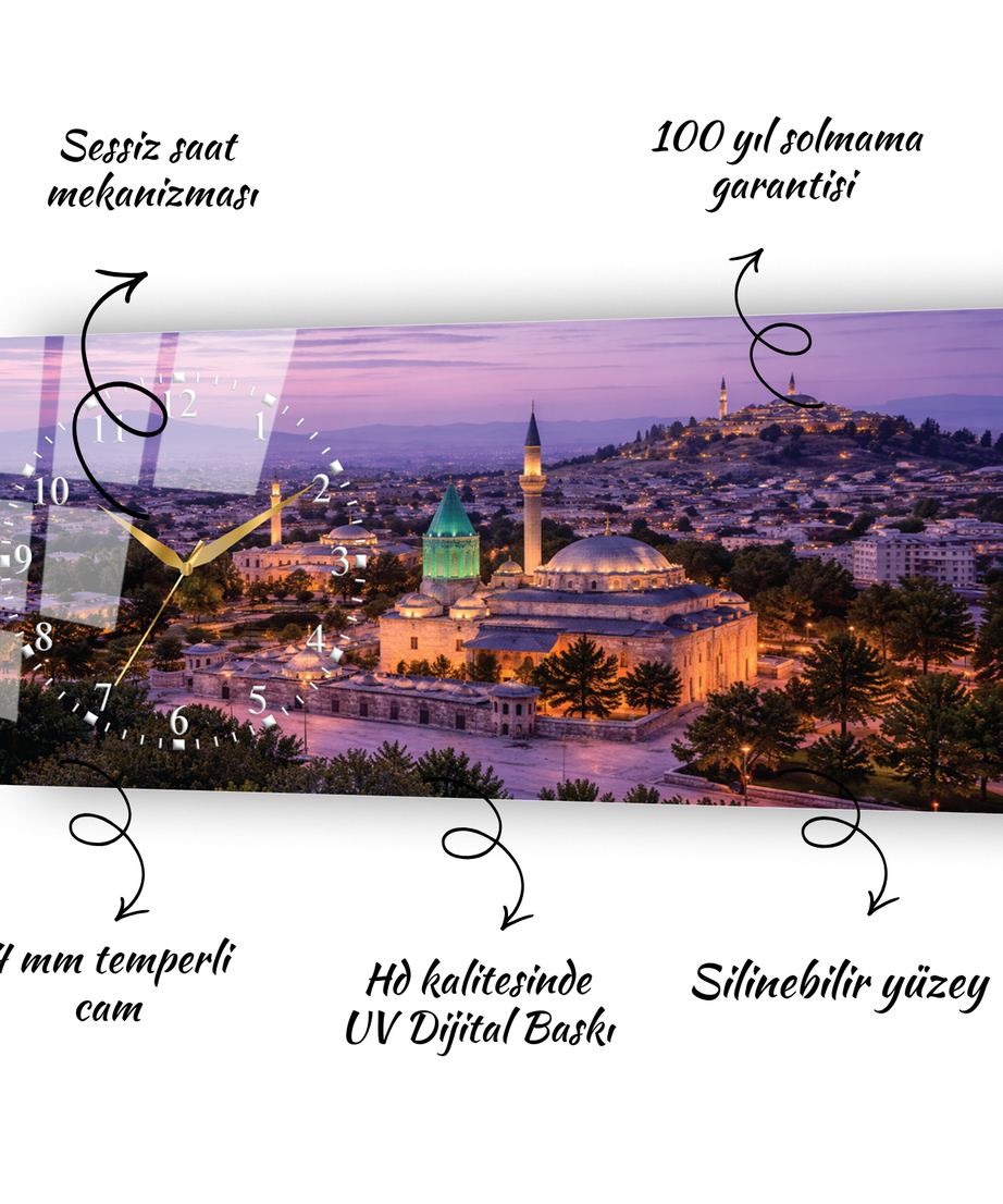 Konya Mevlana Türbesi Temalı Temperli Saatli Cam Tablo