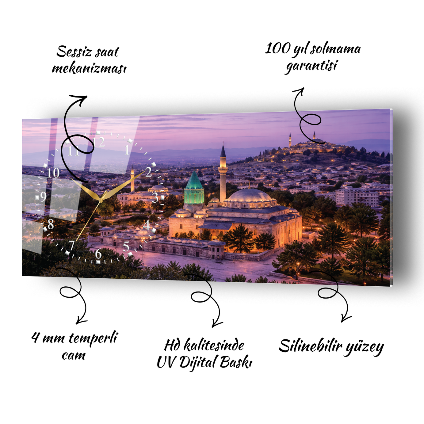 Konya Mevlana Türbesi Temalı Temperli Saatli Cam Tablo