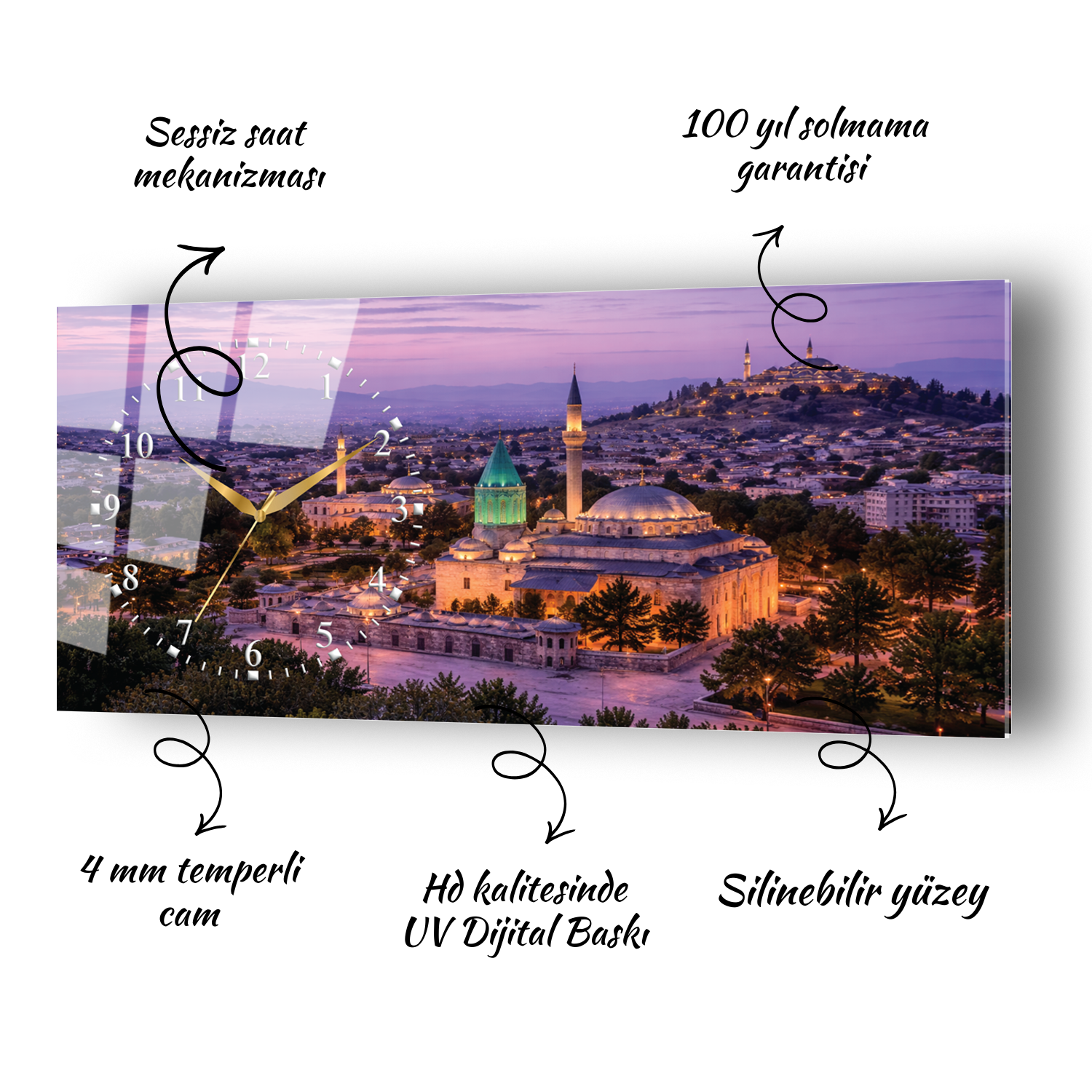 Konya Mevlana Türbesi Temalı Temperli Saatli Cam Tablo