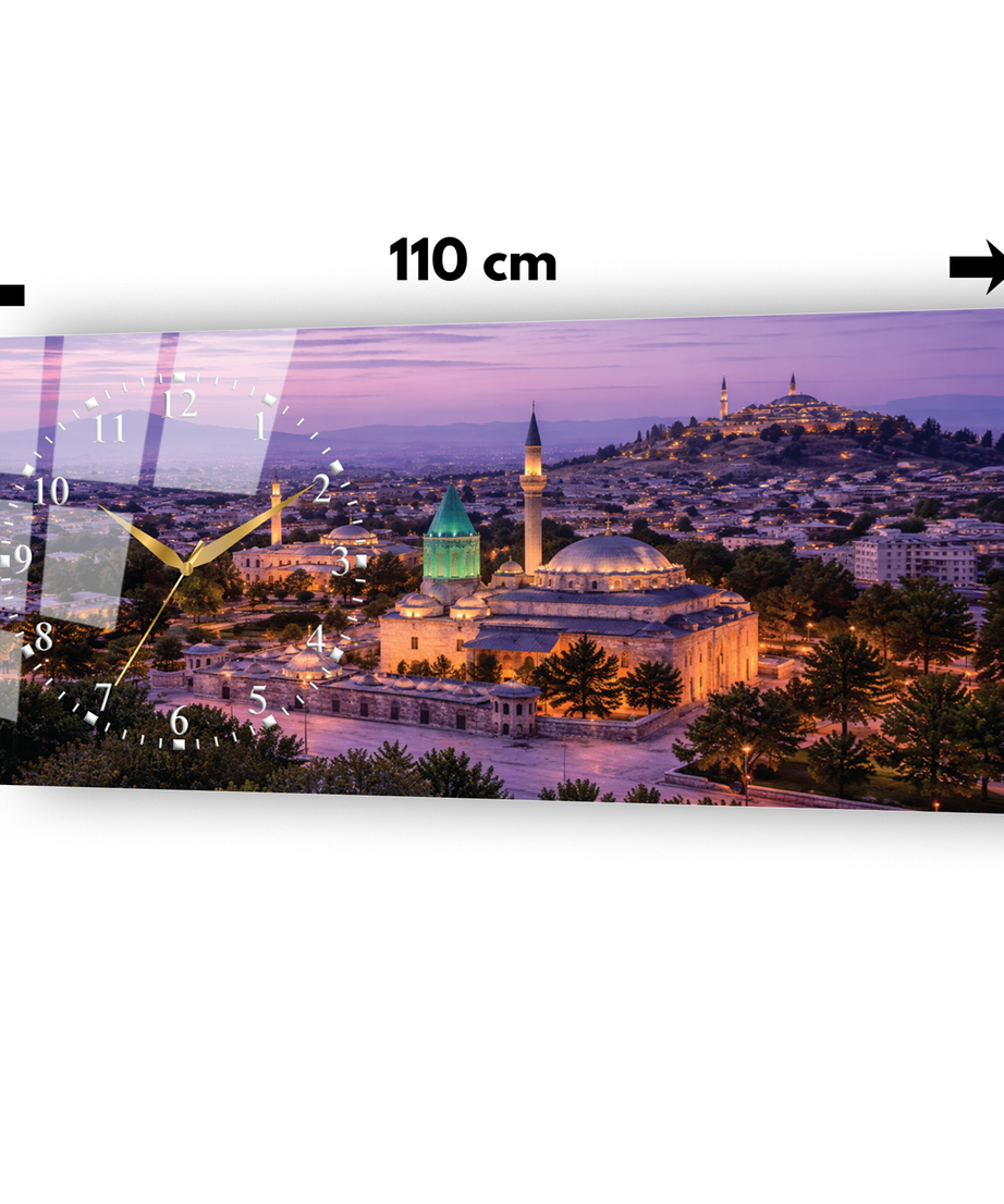 Konya Mevlana Türbesi Temalı Temperli Saatli Cam Tablo