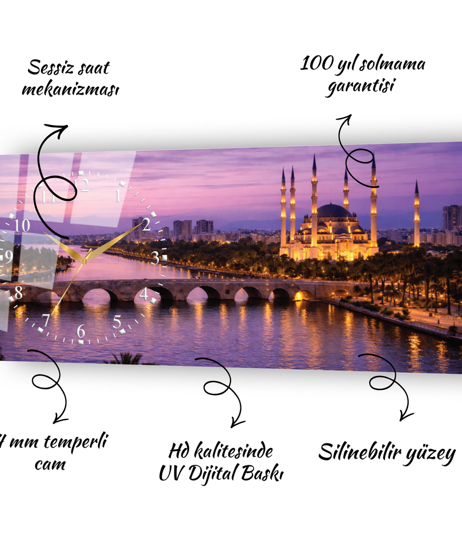Adana Taşköprü Temalı Temperli Saatli Cam Tablo