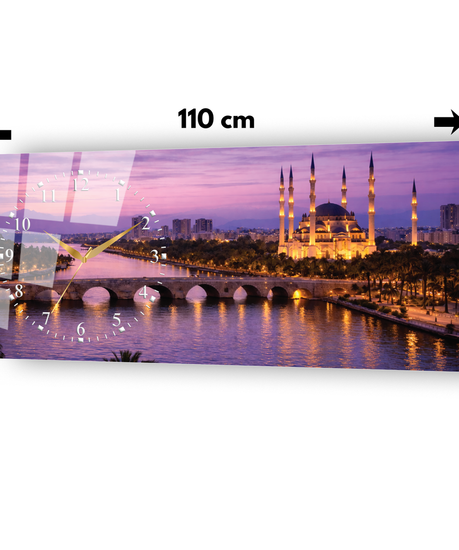 Adana Taşköprü Temalı Temperli Saatli Cam Tablo