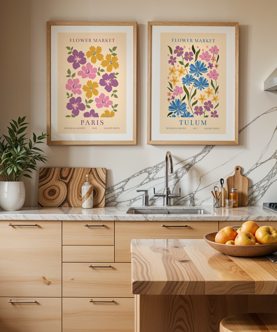 Flower Market Serisi 2 Parça Doğal Ahşap Çerçeveli Tablo