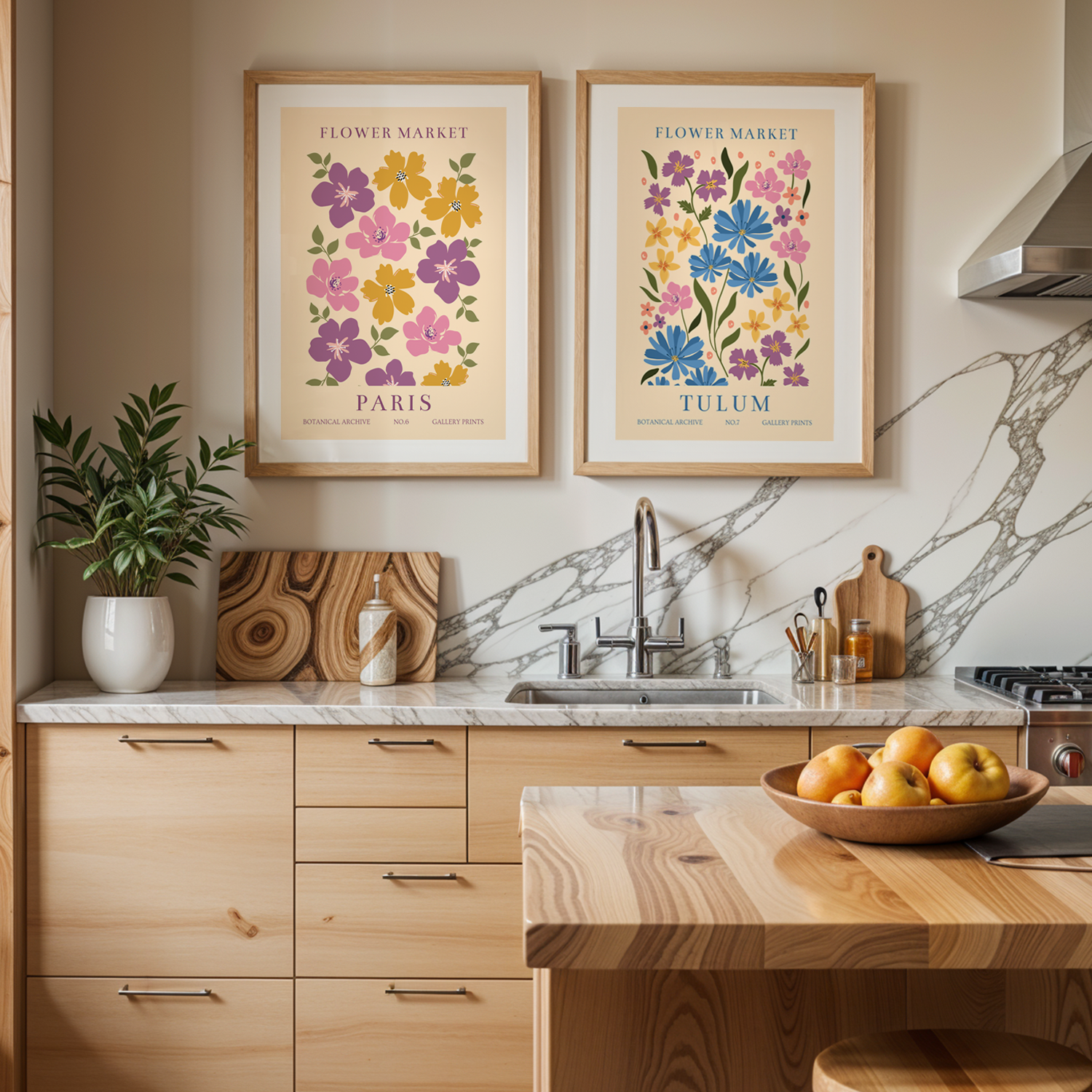 Flower Market Serisi 2 Parça Doğal Ahşap Çerçeveli Tablo