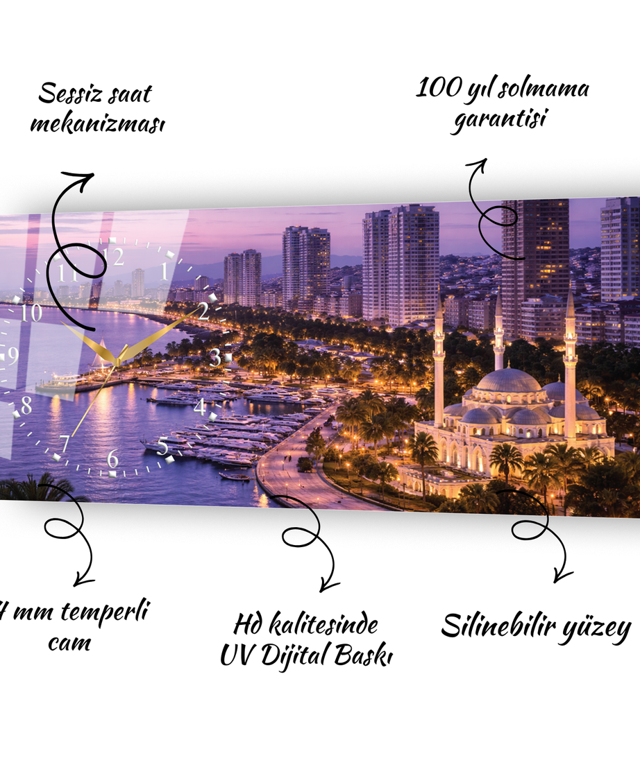 Mersin Sahil Manzarası Temalı Temperli Saatli Cam Tablo