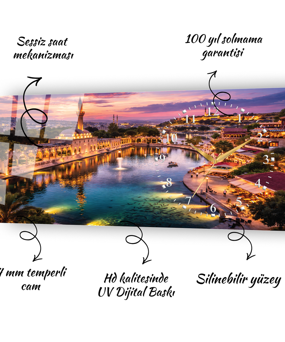 Şanlıurfa Balıklıgöl Temalı Temperli Saatli Cam Tablo