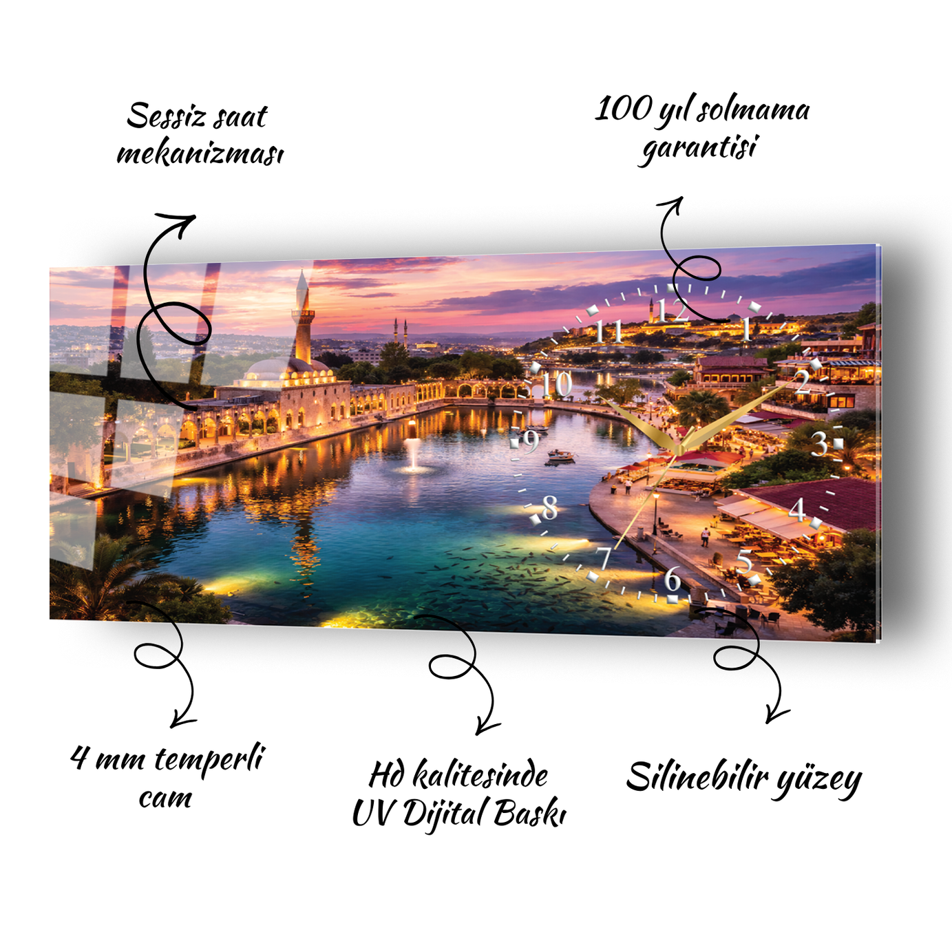 Şanlıurfa Balıklıgöl Temalı Temperli Saatli Cam Tablo