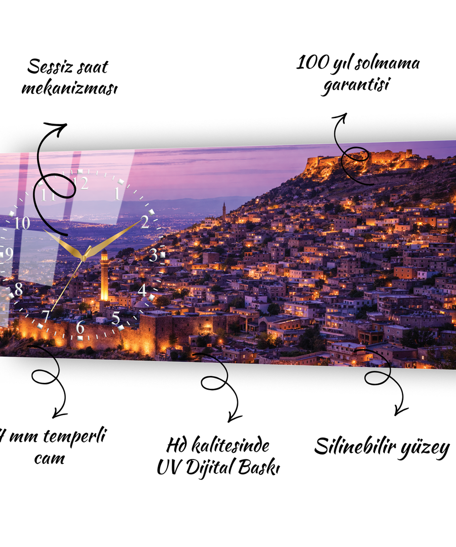 Mardin Tarihi Taş Evleri Temalı Temperli Saatli Cam Tablo