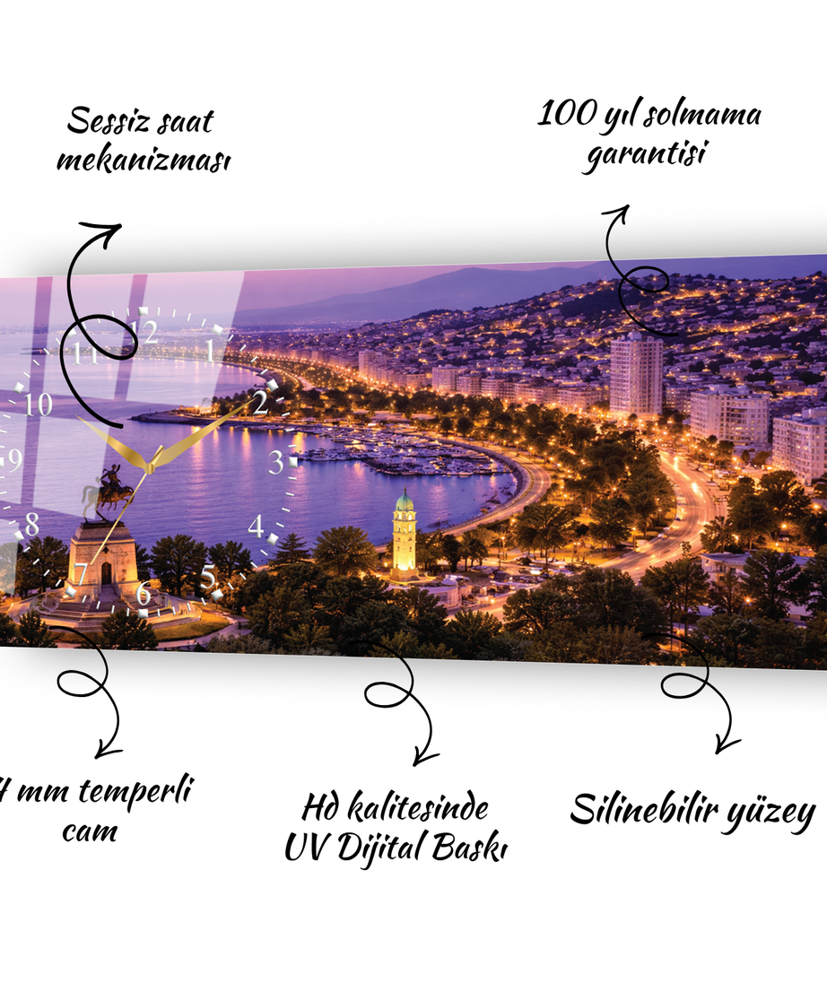 Samsun Atatürk Anıtı Sahil Manzarası Temalı Temperli Saatli Cam Tablo