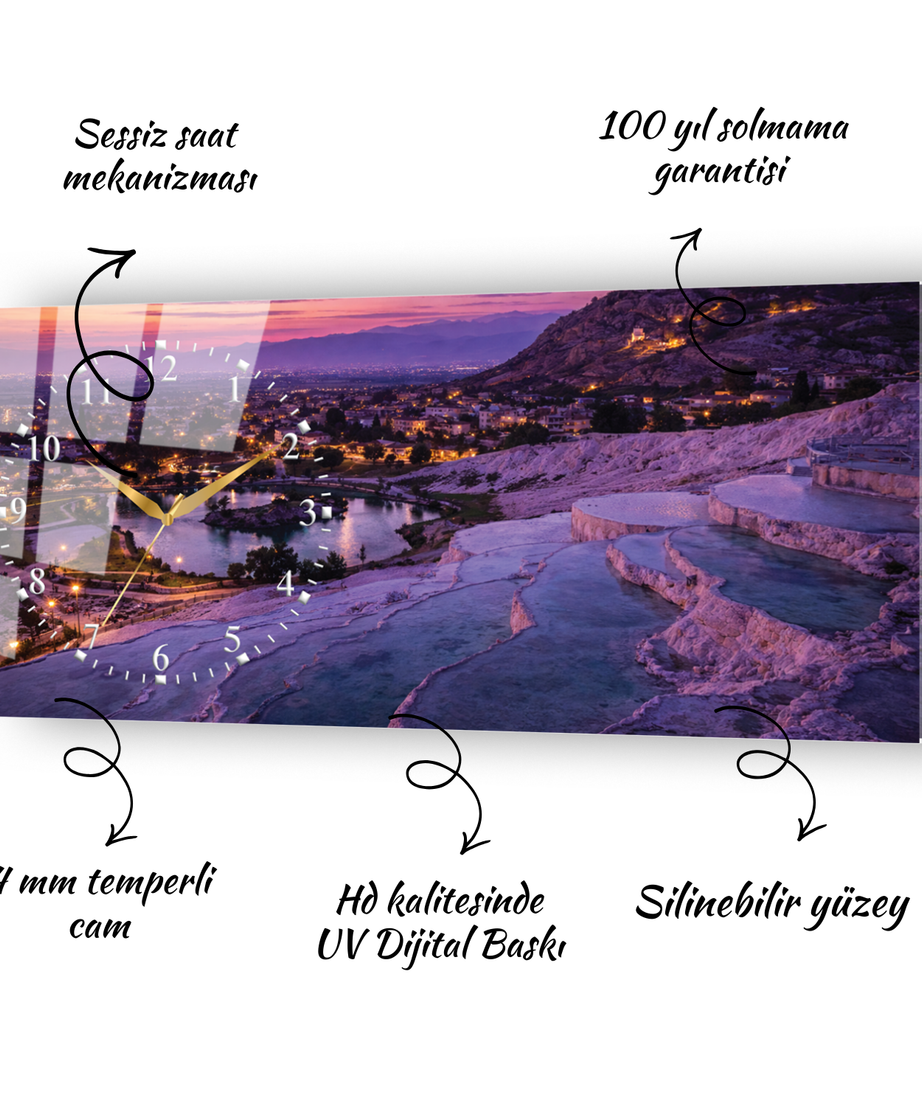 Denizli Pamukkale Travertenleri Temalı Temperli Saatli Cam Tablo