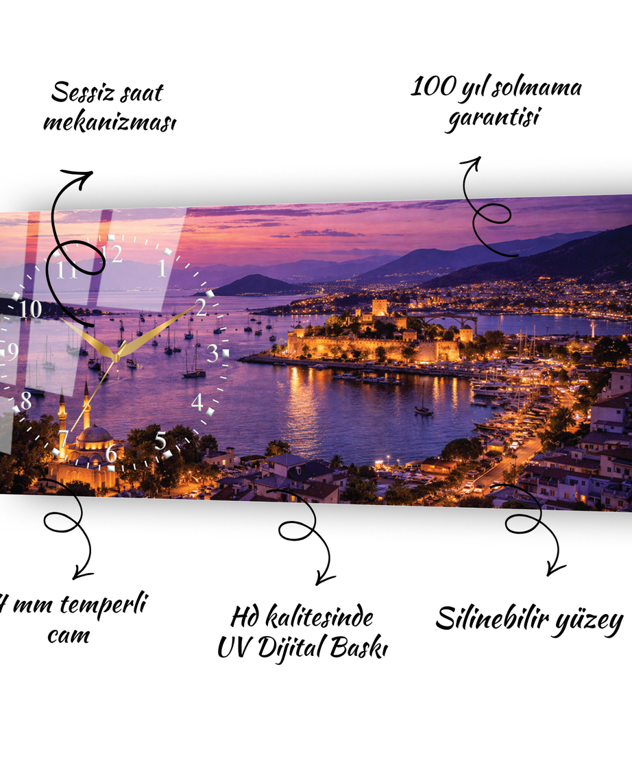 Muğla Ege Sahil Manzarası Temalı Temperli Saatli Cam Tablo