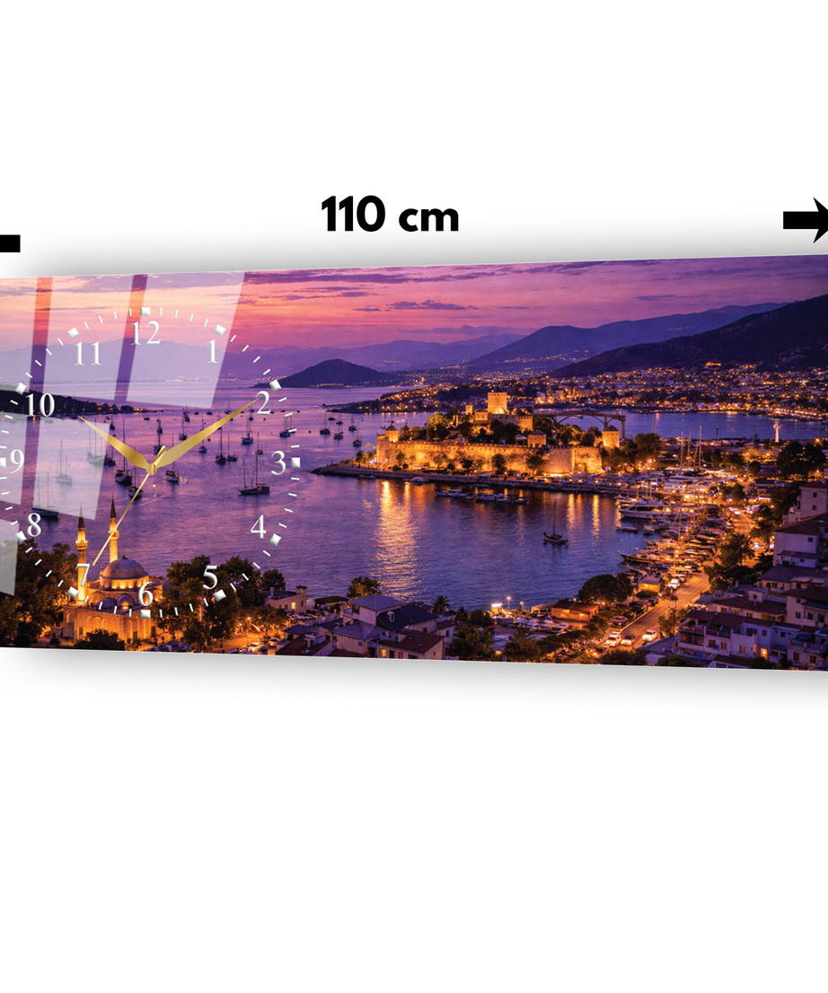 Muğla Ege Sahil Manzarası Temalı Temperli Saatli Cam Tablo