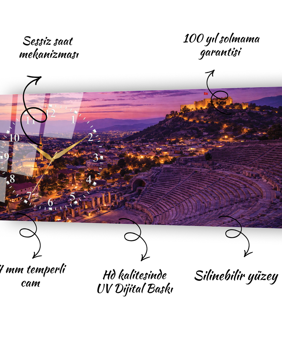 Aydın Didim Apollon Tapınağı Temalı Temperli Saatli Cam Tablo