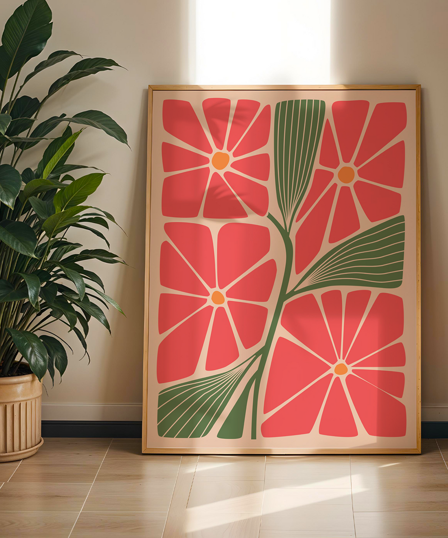 Flower Pink Green Serisi Tek Parça Doğal Ahşap Çerçeveli Tablo