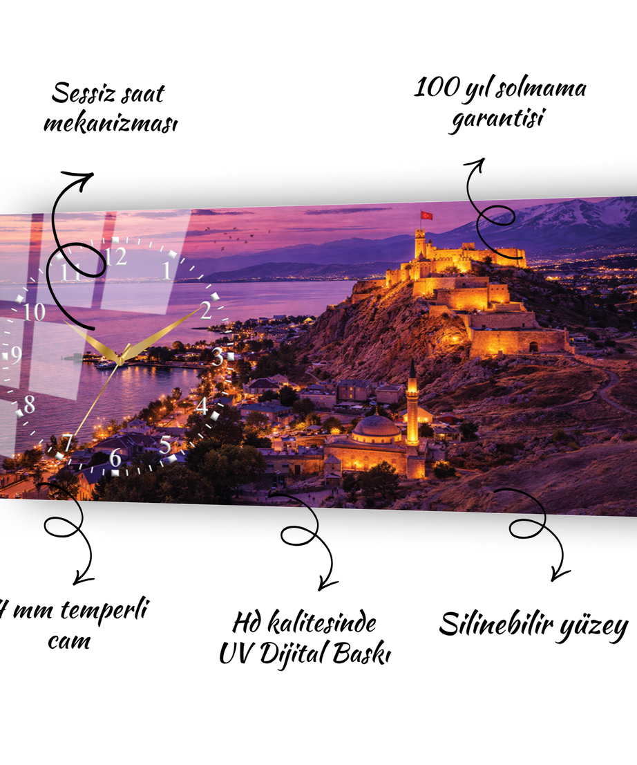 Van Kalesi ve Van Gölü Temalı Temperli Saatli Cam Tablo