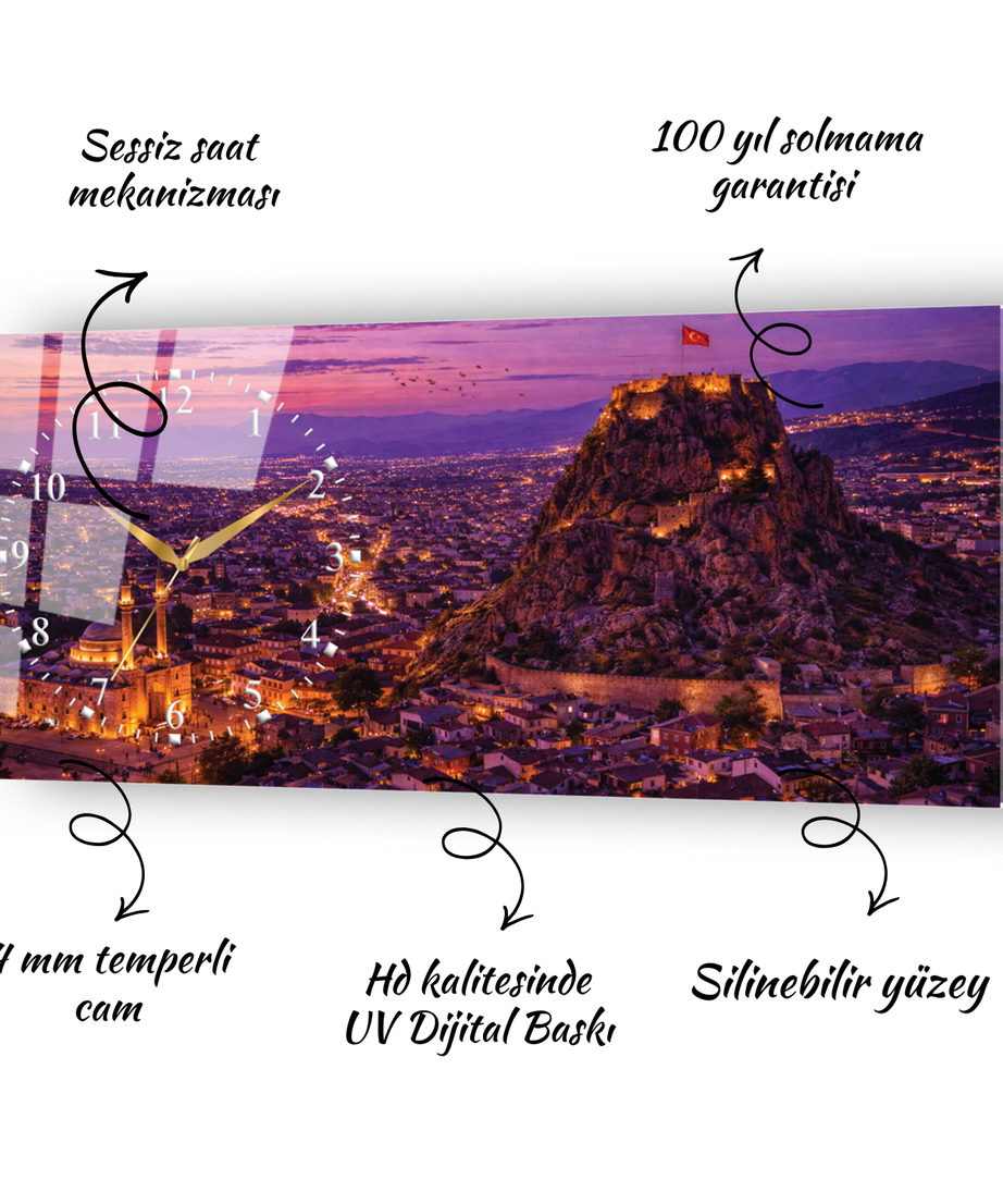Afyonkarahisar Kalesi Temalı Temperli Saatli Cam Tablo