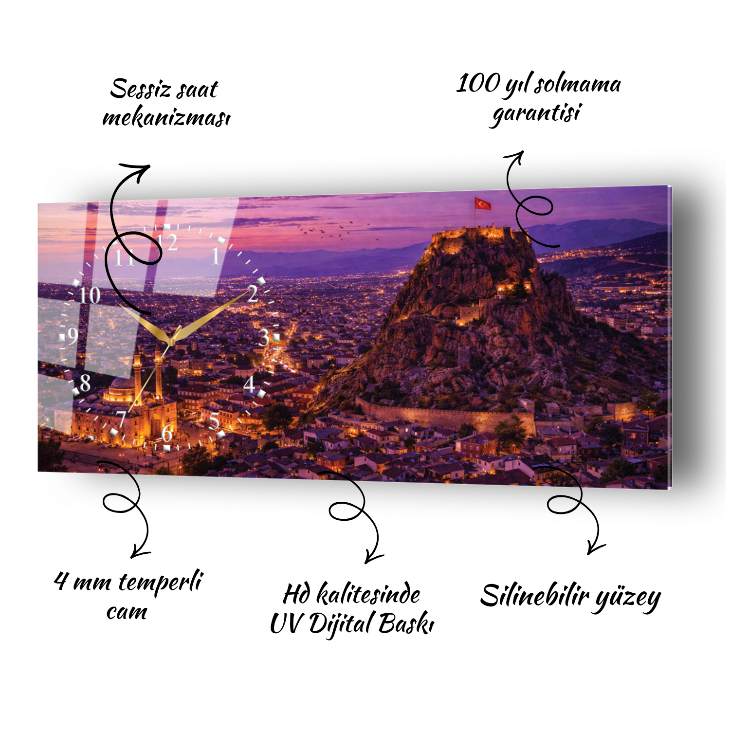 Afyonkarahisar Kalesi Temalı Temperli Saatli Cam Tablo