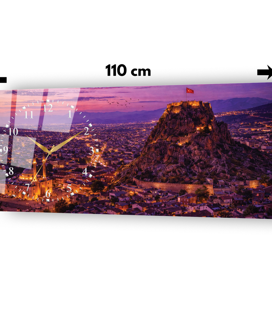 Afyonkarahisar Kalesi Temalı Temperli Saatli Cam Tablo