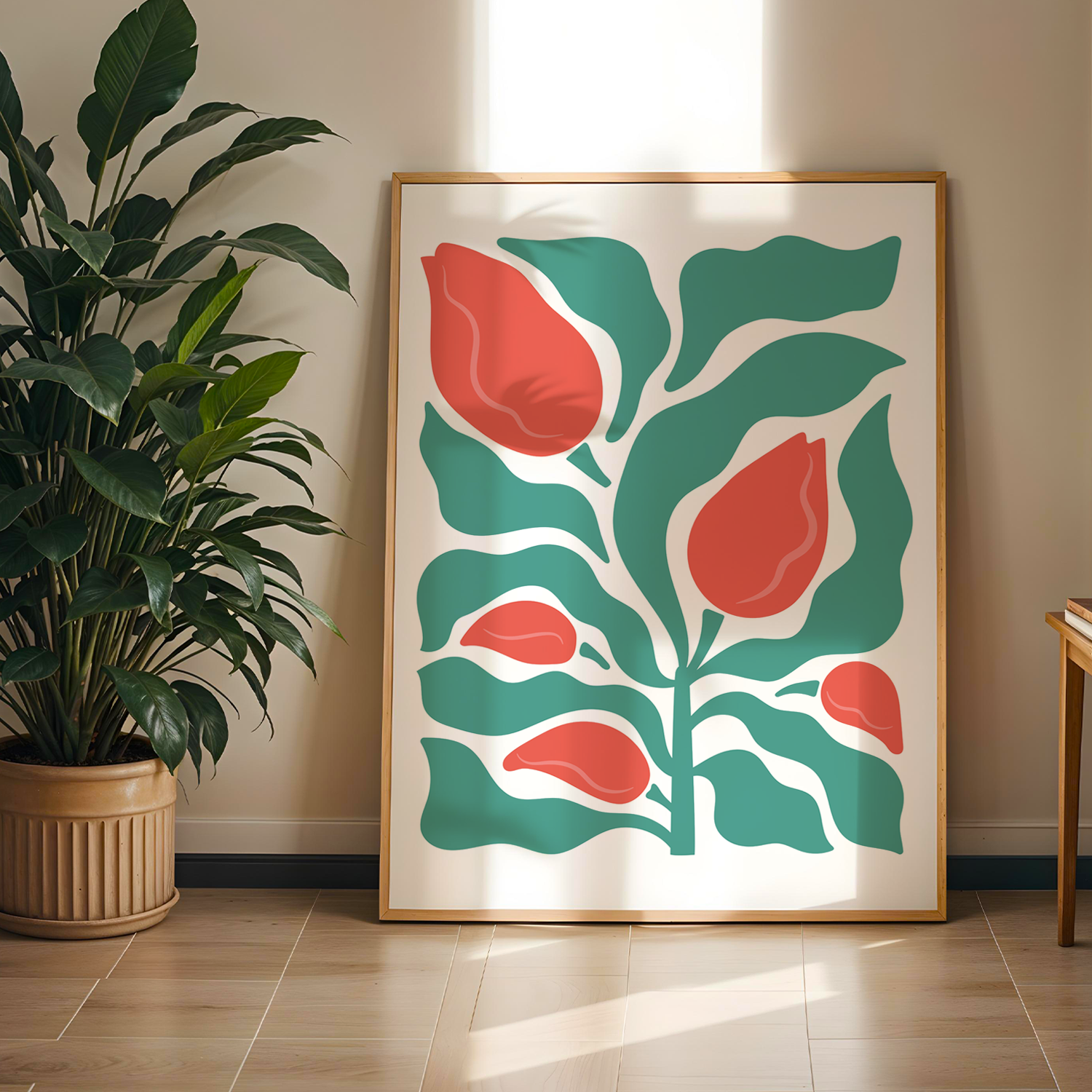 Flower Lale Serisi Tek Parça Doğal Ahşap Çerçeveli Tablo