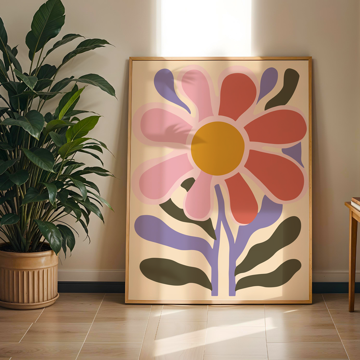 Flower Papatya Serisi Tek Parça Doğal Ahşap Çerçeveli Tablo