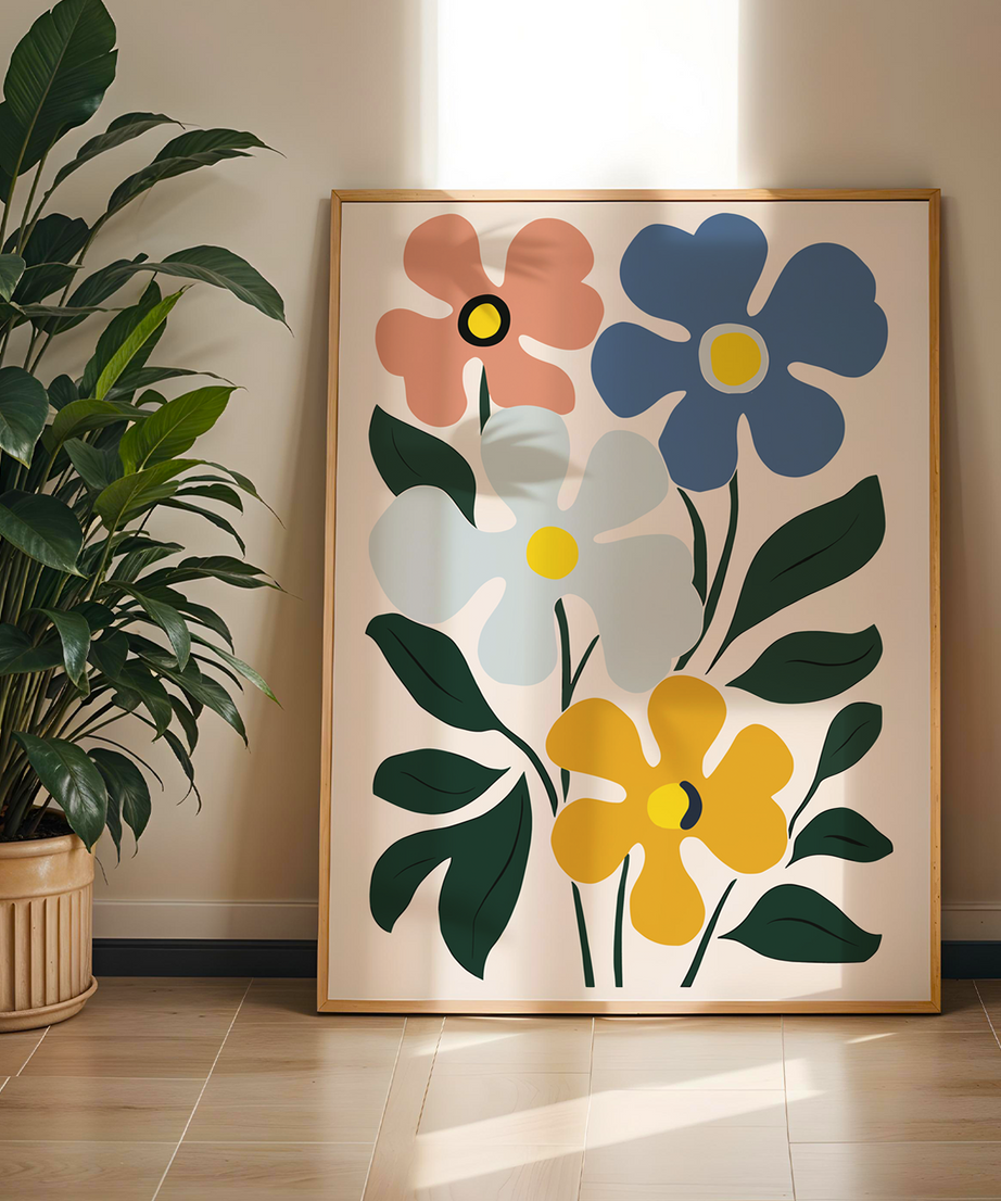 Flower Renkli Papatya Serisi Tek Parça Doğal Ahşap Çerçeveli Tablo