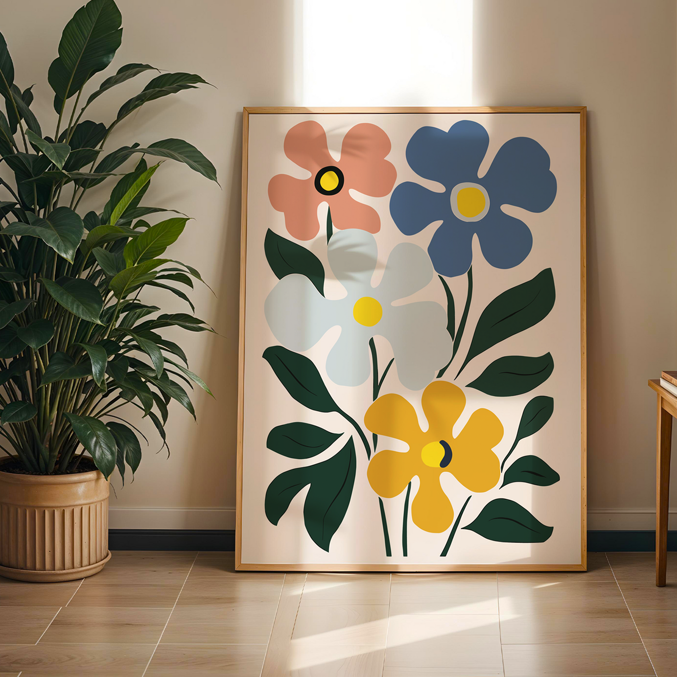 Flower Renkli Papatya Serisi Tek Parça Doğal Ahşap Çerçeveli Tablo