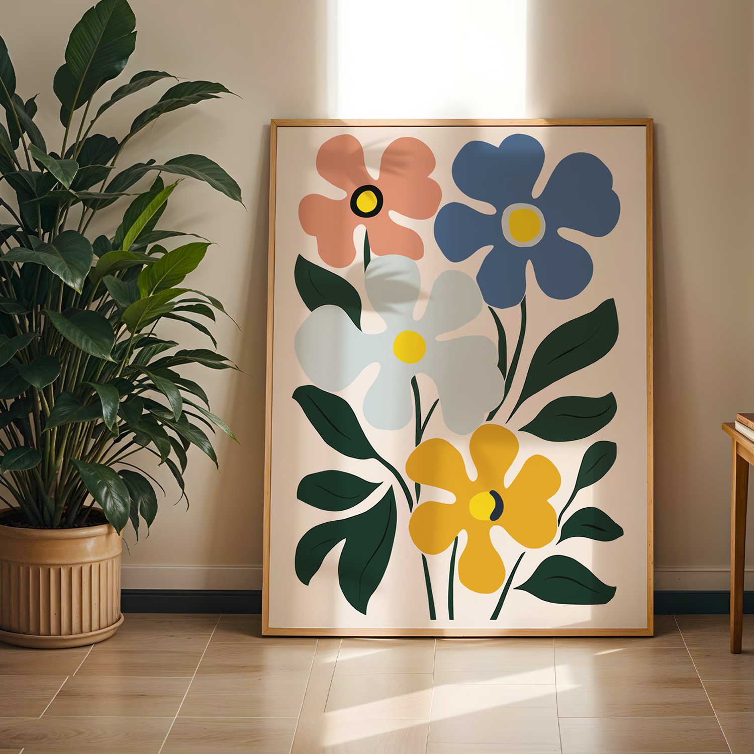 Flower Renkli Papatya Serisi Tek Parça Doğal Ahşap Çerçeveli Tablo
