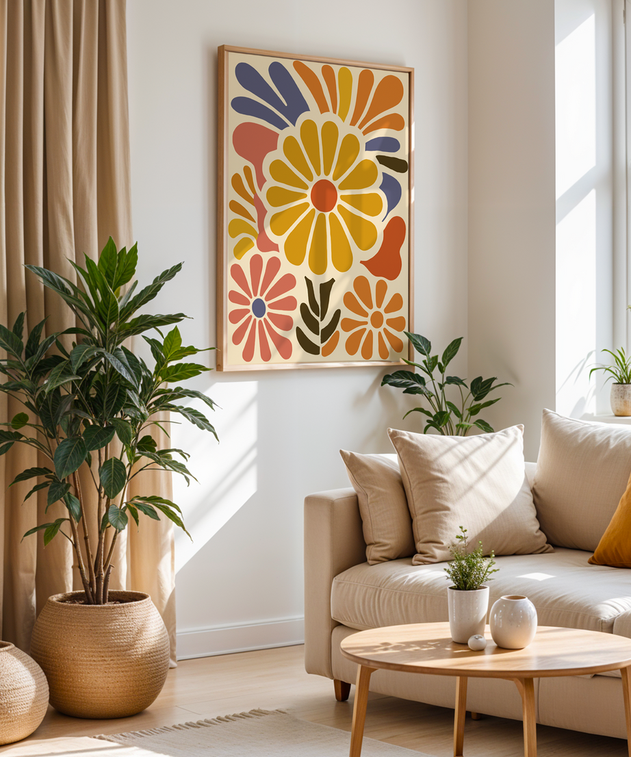 Sunburst Bloom Serisi Tek Parça Doğal Ahşap Çerçeveli Tablo