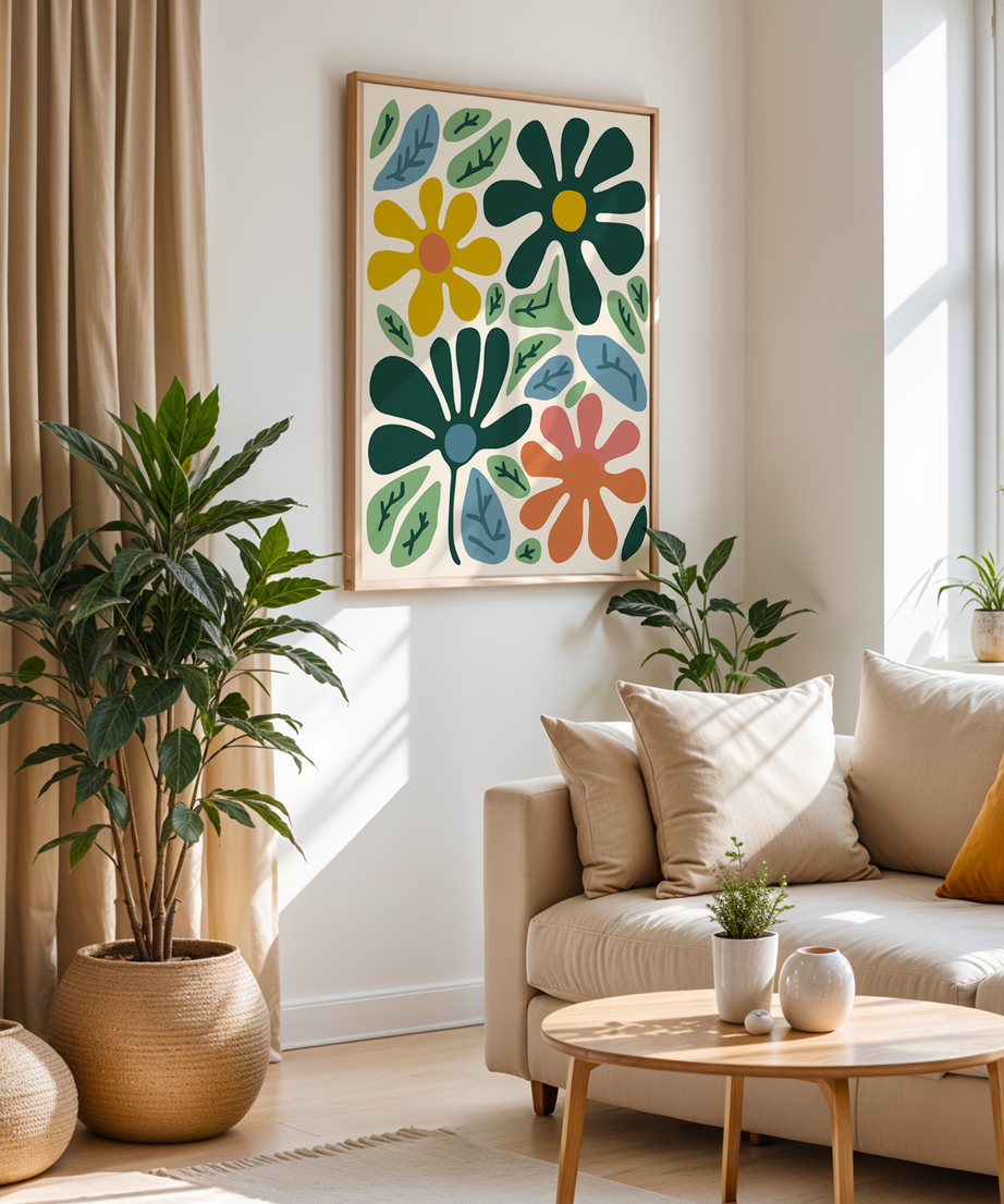 Retro Flower Harmony Serisi Tek Parça Doğal Ahşap Çerçeveli Tablo