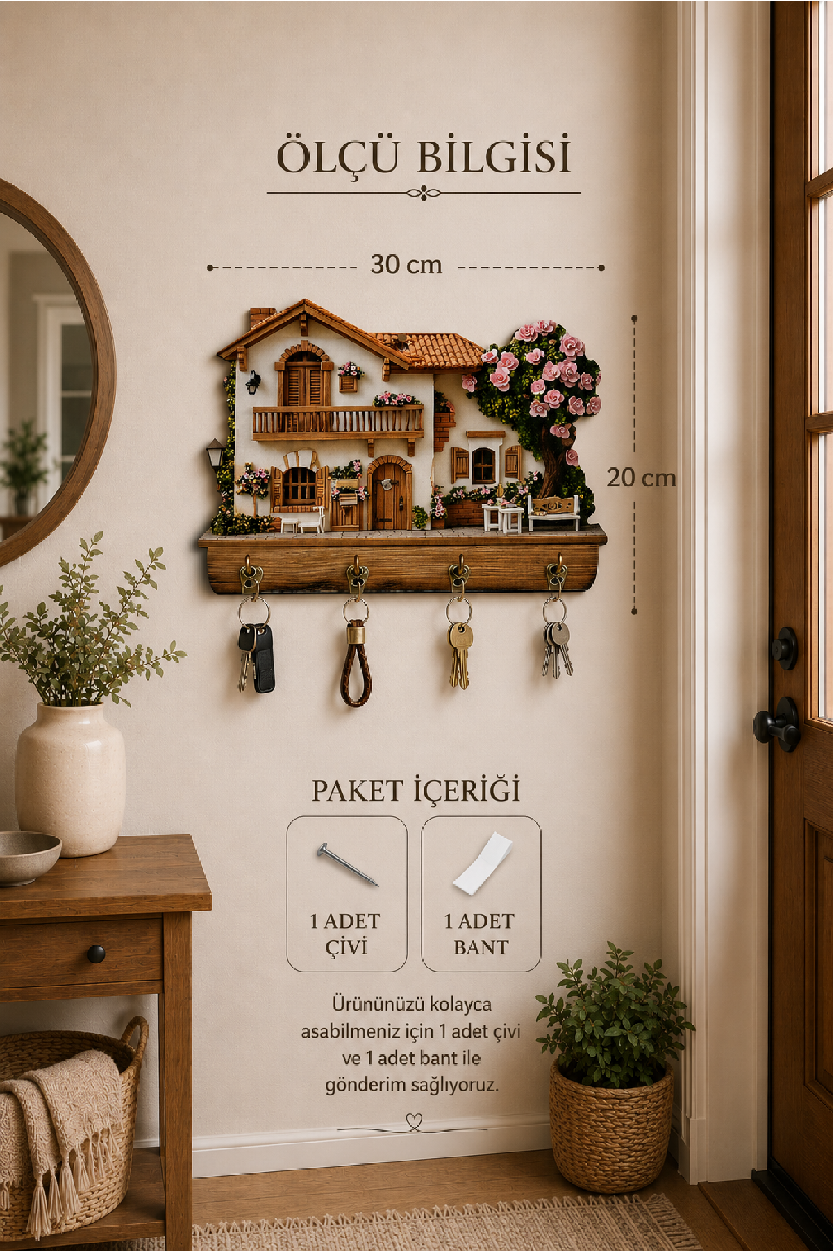 Çiçekli Ev Temalı Dekoratif Duvar Askılı Anahtarlık