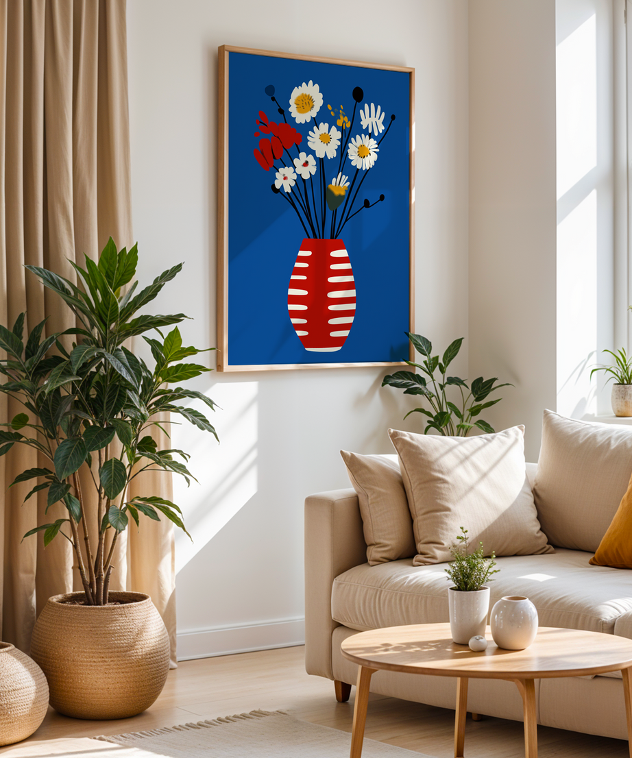 Scarlet Vase Bloom Serisi Tek Parça Doğal Ahşap Çerçeveli Tablo